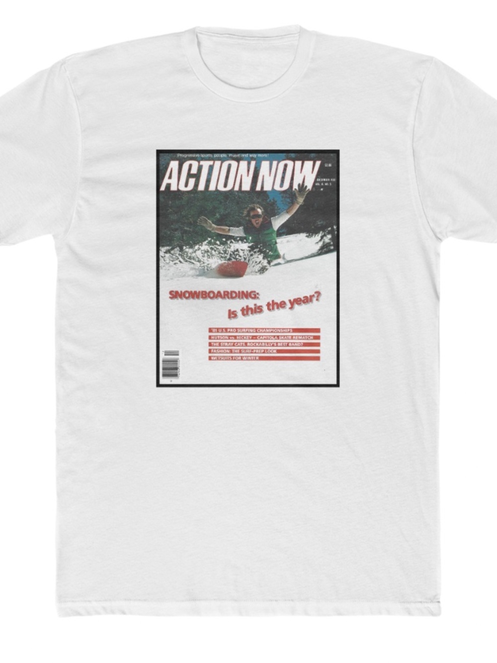 Action Now Tom Sims Snowboarding T-shirt   Dec. 1981 cover  ( Snowboard tee )